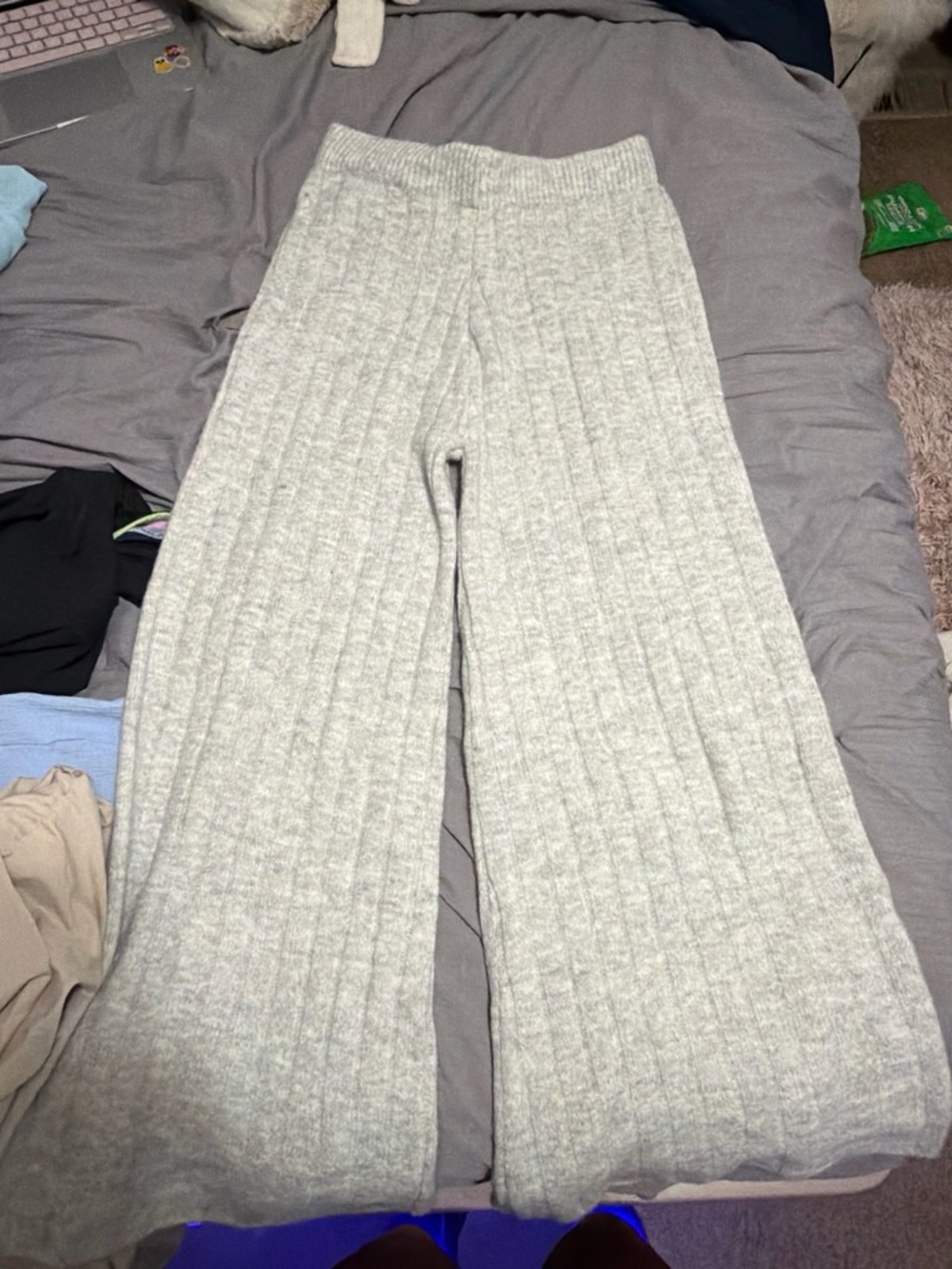 Sincerely Jules Light Gray Ribbed Wide-Leg Knit Pants